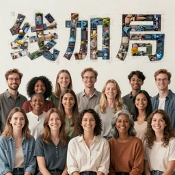 group portraits, groups of happy humans imagining large beautiful images, text morphing into objects, highly detailed, super realistic, perfect lighting pixel sorting