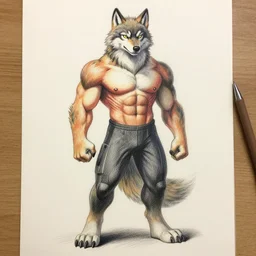master furry artist colored pencil drawing full body portrait character study of the anthro male anthropomorphic wolf fursona animal person bodybuilder at gym