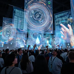 mood lighting, groups of happy people, many vortexes of overlapping translucent gigantic screens projecting beautiful random hd large images, floating translucent graphics, dripping light drops, hands touching light drops, supercomputers transforming text to images, perfect lighting pixel sorting