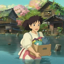 a animation key shot of a flooded Japanese village with a mother carrying a box of her belongings trying to survive medium shot, waist up, studio Ghibli, Pixar and Disney animation, sharp, Rendered in Unreal Engine 5, anime key art by Greg Rutkowski, Bloom, dramatic lighting