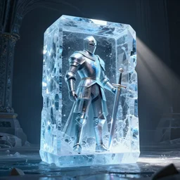 shiny knight encased inside a block of ice, his sword is near him inside the ice, while a single ray of light comes from an opening in the wall, fantasy render, unreal engine 5, octane, raytracing, light transport, artstation
