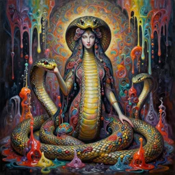 an hiper intricate oil portrait of a beautifull snake godess surounded by melting colorfull wax drips, colorfull, excelent composition, wide shot, by zdzislaw beksinski, intricate, unreal engine 5 highly rendered, global illumination
