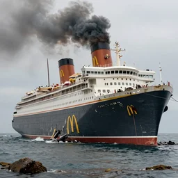 a derelict immense McDonald's brand vacation cruise liner oceanliner ship with large yellow golden arches logo and tall smoke stacks crashed and broken on a deserted island, moored, fast food restaurant color scheme, thick black smoke billowing, overcast, dystopian, photorealistic, sharp focus, hyper detailed, octane render