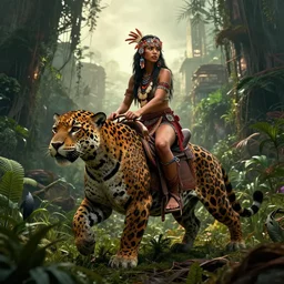 a very beautiful cute tribal woman riding a mutated jaguar in a post apocalyptic city overgrown with lush vegetation, by Luis Royo, by Greg Rutkowski, dark, gritty, intricate, backlit, strong rimlight, cover illustration, concept art, volumetric lighting, volumetric atmosphere, sharp focus, octane render, trending on artstation, 8k