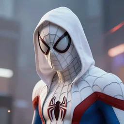 spiderman in a white hood, 8 k photo, portrait, dynamic lighting, fantasy concept art, trending on art station, stunning visuals, creative, cinematic, ultra detailed, comic strip style