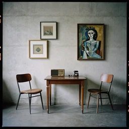 kodak portra 4 0 0, 8 k, wide flashlight shot of a highly detailed, britt marling style, colour still - life portrait of a large minimalistic room, rough concrete walls, square pictureframes, a picasso painting, a 1 9 2 0 s table, 2 0 s chair, 6 0 s radio