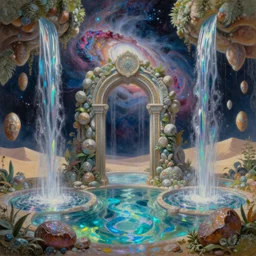 closeup hanging gardens, magic water gate in space, nebula, iridescent shimmering pools, oasis in the desert, floating stones, cascading iridescent waterfalls, dimension of infinite space, by Zdzislaw Beksinski, Tomas Sanchez, greg rutkowski, wlop, artgerm, andrei riabovitchev, nuri iyem, james gurney, james jean, highly detailed, soft lighting, 8k resolution, oil on canvas