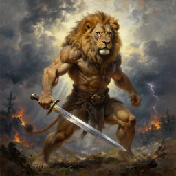 muscular lion as barbarian mutant with sword in epic pose  , very textured detailed oil painting panoramic backlight portrait by rembrandt, backlight, dramatic clouds, thunder storm and forest on fire  ,sun rays