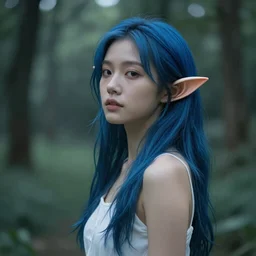 beautiful young Asian elf woman with elf ears and blue hair in a hazy forest at dusk, by Jean Delville