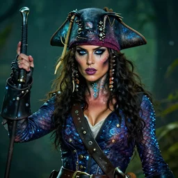 a beautiful female swashbuckling pirate with shark skin, intricate, luminous,