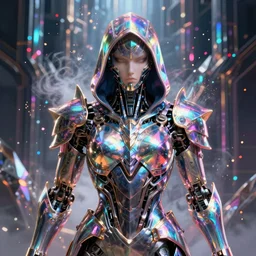 Ultra realist and ultra intricate detailed painting of an powerful hooded armor iridescent elite assassin, human face biomechanical complex body, 3D render, symmetry, rich style, glowing iridescent sparks and smoke behind, crystallic cyberpunk megastructure background, artstation, colorful, badass, unreal render, depth of field