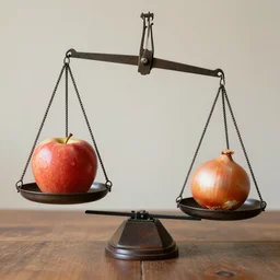 balance scale with one apple in one side and one onion in the other