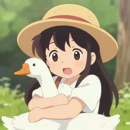 an adorable anime girl wearing a sunhat hugging a goose