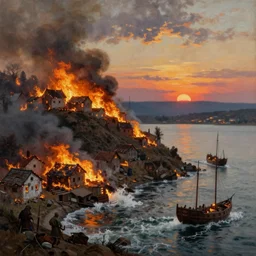 burning roman village on steep hill during invasion, burning houses, lake view, old ships, burning ships, sunset, dramatic, turbulent water, oil painting, ultra realistic, 8 k