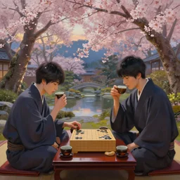 a professionnal oil painted digital art of two highly detailed japanese young men playing shogi on a table while drinking tea. japanese garden with complex sakura trees in bloom, evening light background. digital art, by greg rutkowski, trending on artstation, hq, 8 k, 4 k, unreal engine 5, concept art.