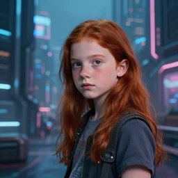 photo of a ten year old girl in a sci - fi cyberpunk city by lilia alvarado, red hair, freckles