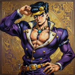 insanely detailed painting of benjamin netanyahu as a jojo character, highly fashionable punk clothing, striking a pose, stylish, provocative, outlines, vibrant colors, rich colors, fashion, elegant background patterns