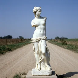 vintage color photography of a ancient sculpture of venus in the middle of a dirt road, image by werner herzog, tarkovsky