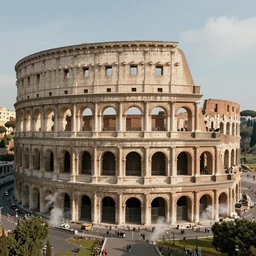 colosseum in rome, steampunk style, matte painting, drone point of view, sharp focus, steam, dreamy, natural light, artstation