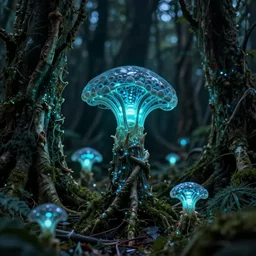 a bioluminescent ancient dark forest, greg rutkowski, 8 k, shallow depth of field, ultra high detail, concept art,