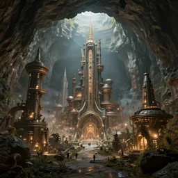 a fantasy steampunk city hidden inside a great cave, realistic, hyperrealistic, concept art, stylized, unreal engine 5, trending on art station, W 1024