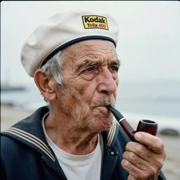 A close-up portrait of an old, weary, wrinkly sailor smoking a pipe, Kodak Tri-X 400, 85mm