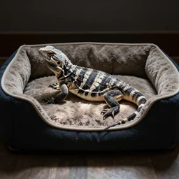 argentine black and white tegu in a dog bed
