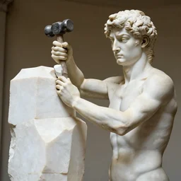 a marble statue of a man, holding a hammer and chisel, sculptures his own upper body out of a white cubic block of marble, intricate, highly detailed, in the style of michaelangelo