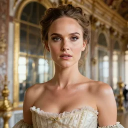 Natalie Portman as Marie Antoinette in hall of mirrors in versailles, golden hour, clear makeup, clean hair, dry skin, clear skin, airbrushed, bright eye makeup, warrior body, photo by mario testino, 8k octane render, cinematic, hyper detailed, micro details, insanely detailed, trending on artstation, concept art
