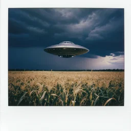 dark old polaroid of an ufo flying above an corn field during a thunderstorm, pictorialism, desolate