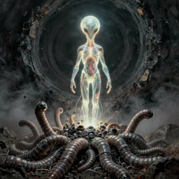 concept art of an alien body of light, with a visible circulatory system of glowing translucent cables, raising above a mass of cybernetic worms, on a dark rock background, surrounded by spirals of fog, grimy, gritty, trending on artstation, award winning painting, close portrait, cgi art, by david cronenberg and chris cunningham