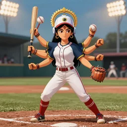 Baseball playing goddess Durga, also known as Mata Rani and Devi Maa. Durga has many arms, more than 2 arms. She wears baseball gloves and baseball bats.