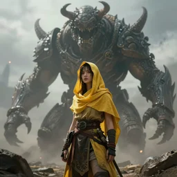 young woman warrior wearing a yellow head cover standing in front of a giant monster, concept art by wang yuan, trending on artstation, fantasy art, concept art, artstation hq, apocalypse art