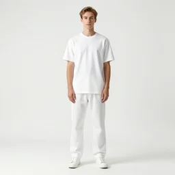 white man in white clothes standing in front of a white background
