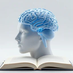 open book near half-face The head with blue semi-transparent brain, light