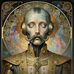 half human, half robot face, dmt, large metal mustache, muted colors, benevolent, nebula background, glowing eyes, detailed realistic surreal retro robot in full regal attire. face portrait. art nouveau, visionary, baroque, giant fractal details. vertical symmetry by zdzisław beksinski, alphonse mucha. highly detailed, realistic