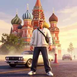 hyperrealistic matte painting of gta game in moscow, 1 9 6 0, playstation 5 screenshot, man in adidas, mega details, golden hour, fog beautiful rtx reflections, soviet suburbs, photorealistic, unreal engine 5, octane render, volumetric light, featured on cg society, 4 k, 5 0 mm bokeh, russian lada car, artstation