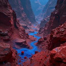 a strange alien landscape, realistic, rocky, red and blue, blue particles, strange red particles, strange, alien - style, realistic, landscape, depth, movie lightning, realistic epic shaders, landscape