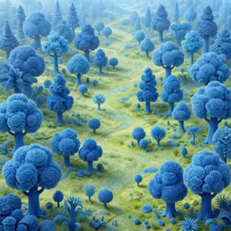a hiper intricate 3 d artwork of a beatifull serene landscape with cute blue trees, intricate, highly detailed, digital painting, artstation, concept art, extremely detailed, sharp focus, octane render wide view, smooth, digital illustration, colorfull, by wlop, by hieronimus bosch, in style of mark ryden