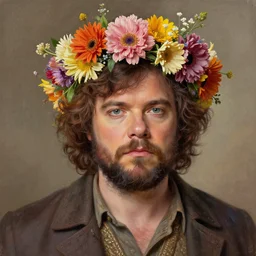 jack black wearing flower crown in midsommar, elegant intricate digital painting artstation concept art by mark brooks and brad kunkle detailed