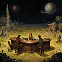 in a bar in a remote outpost, on an alien planet, from a space themed point and click 2 d graphic adventure game, set design inspired slightly by hg giger and ridley scott and tomb raider, art inspired by thomas kinkade