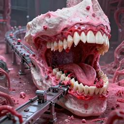 hr giger - designed assembly line made of teeth and gums. assembly line made to chew objects. nightmare 3 d cinematic render, volumetric lighting, photorealistic, by hr giger. red pink white steel nightmare nightmare nightmare