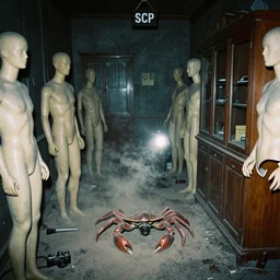 cursed Photograph of an old black room full of mannequins, dust in the air, brown wood cabinets, SCP, taken using a film camera with 35mm expired film, bright camera flash enabled, award winning photograph, sleep paralysis demon crabwalking towards camera, creepy, liminal space, in the style of the movie Pulse, heavy film grain and scratches
