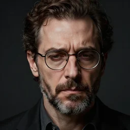 portrait photograph of a male italian artist wearing glasses, anxiety and depression, intricate, elegant, highly detailed, hyper realistic, dark background, flickr, smooth, sharp focus, shot by canon