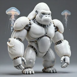 baroque robot gorilla by iris van herpen, inflateble shapes, wires, tubes, veins, jellyfish, white biomechanical details, epic bionic cyborg robot implants, masterpiece, intricate, biopunk, vogue, highly detailed, artstation, concept art, cyberpunk, octane render