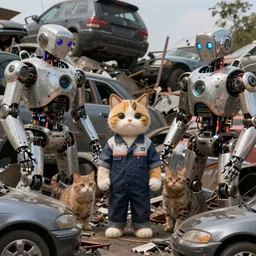 aesthetics. handsomely. nicely. car dump with the remains of robots. half man half cat in work clothes. anthropomorphic cats in the middle of a car dump. artstation trend, 4 k, high detail. wow. digital render. octane render. vray