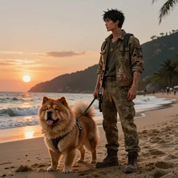 an intricate concept illustration of a man with his chowchow dog a beach beside a mountains on sunset, cinematic, hyper realistic, intricate details, anime style, concept art, cinematic lighting, dramatic lighting