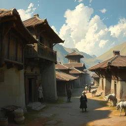 high - quality painting of a traditional mongol village by greg rutkowski, very detailed, whimsical, trending on art station, digital art.