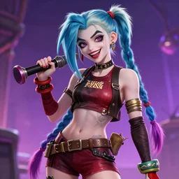 digital illustration of Jinx from Arcane dressed like Harley Quinn, League of Legends, deviantArt, artstation, artstation hq, hd, 4k resolution