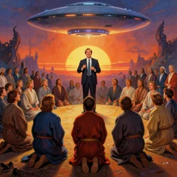 a picture of a happy salesman in a suit at a alter speaking to a crowd of kneeling worshipers in robes, a ufo in the sky, sunrise, a detailed matte painting by mort kunstler, pixiv, kitsch movement, hellish background, movie poster, official art